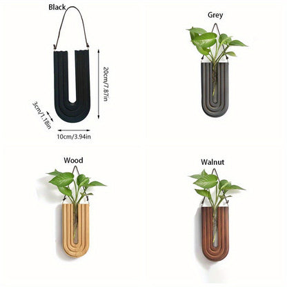 Vase Mural en Bois Massif Sculpté en Forme de U avec Tube en Verre pour Fleurs Séchées et Boutures