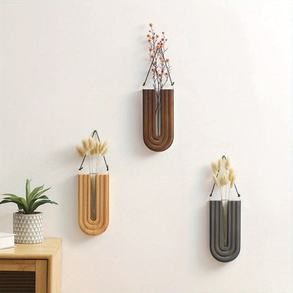 Vase Mural en Bois Massif Sculpté en Forme de U avec Tube en Verre pour Fleurs Séchées et Boutures