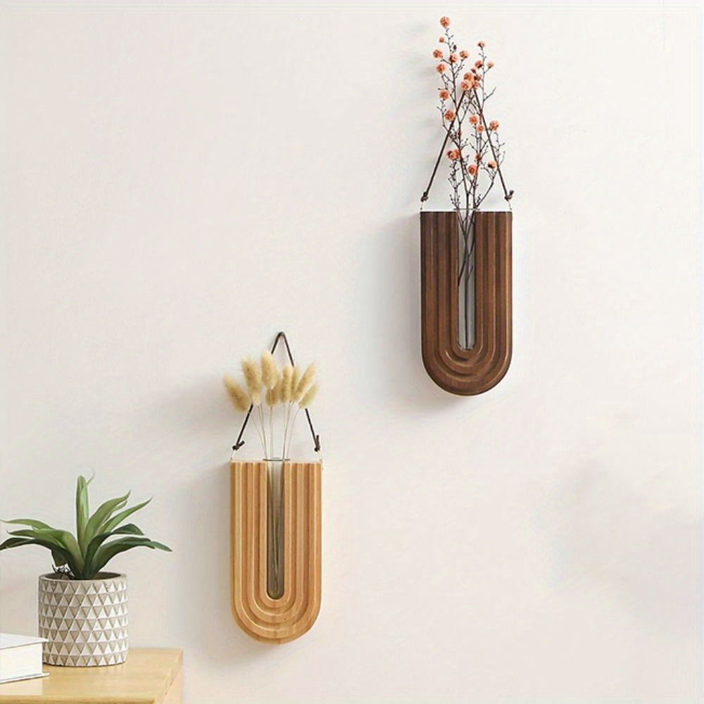 Vase Mural en Bois Massif Sculpté en Forme de U avec Tube en Verre pour Fleurs Séchées et Boutures