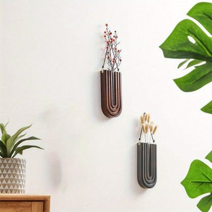 Vase Mural en Bois Massif Sculpté en Forme de U avec Tube en Verre pour Fleurs Séchées et Boutures