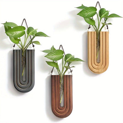 Vase Mural en Bois Massif Sculpté en Forme de U avec Tube en Verre pour Fleurs Séchées et Boutures