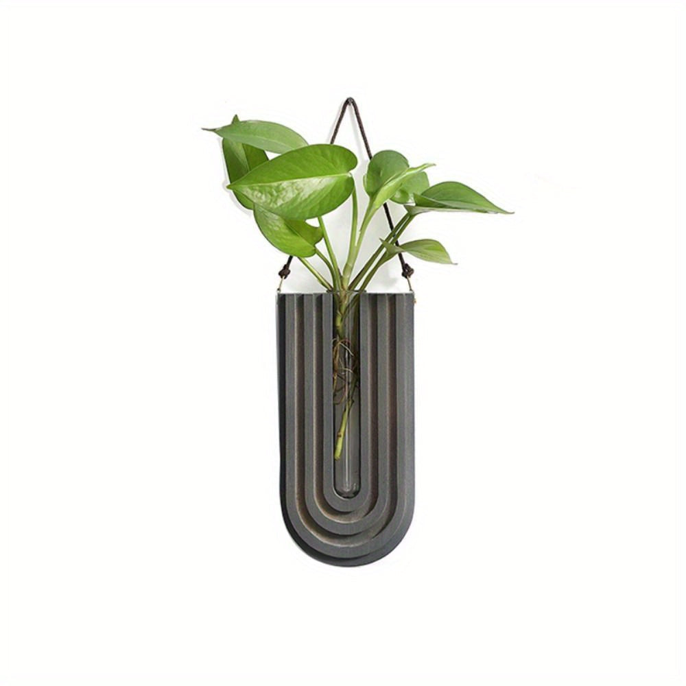 Vase Mural en Bois Massif Sculpté en Forme de U avec Tube en Verre pour Fleurs Séchées et Boutures