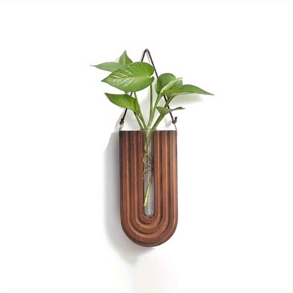Vase Mural en Bois Massif Sculpté en Forme de U avec Tube en Verre pour Fleurs Séchées et Boutures