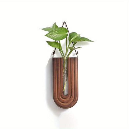 Vase Mural en Bois Massif Sculpté en Forme de U avec Tube en Verre pour Fleurs Séchées et Boutures