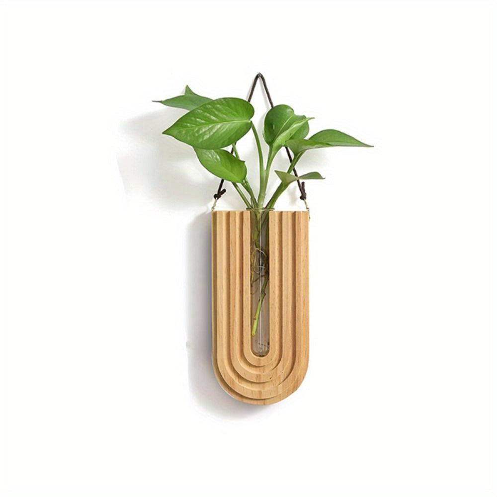Vase Mural en Bois Massif Sculpté en Forme de U avec Tube en Verre pour Fleurs Séchées et Boutures