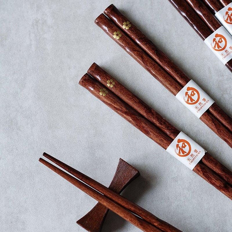 Baguettes Japonaises en Bois Naturel avec Motif Fleur de Cerisier Doré Sakura