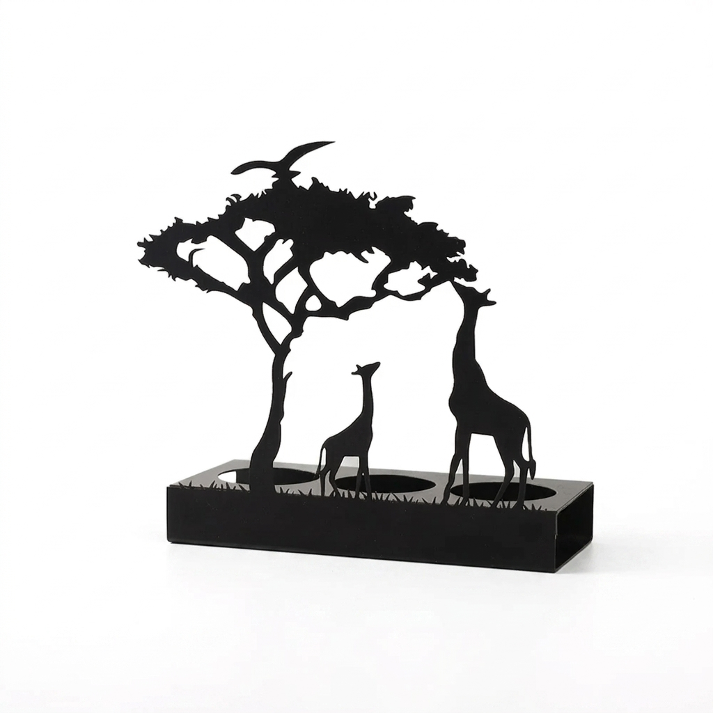 Photophore Décoratif en Métal Noir Découpé Motif Savane Africaine avec Effet Ombrage Chinois pour Bougie