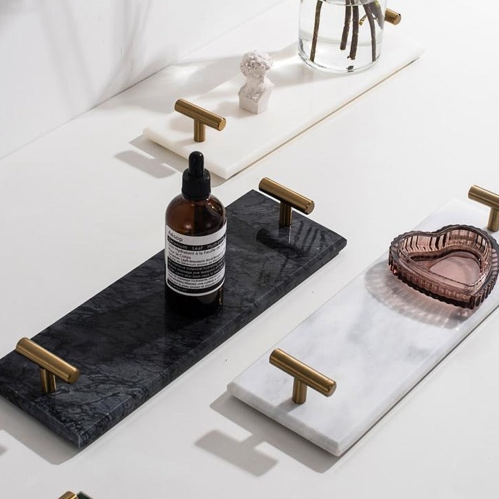 Plateau de Service en Marbre Massif avec Poignées Métalliques Dorées pour Salle de Bain Bureau et Décoration de Table