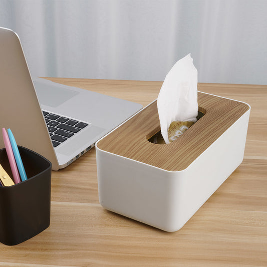 Boîte à Mouchoirs Décorative Blanche avec Couvercle Effet Bois Style Scandinave pour Bureau Salon