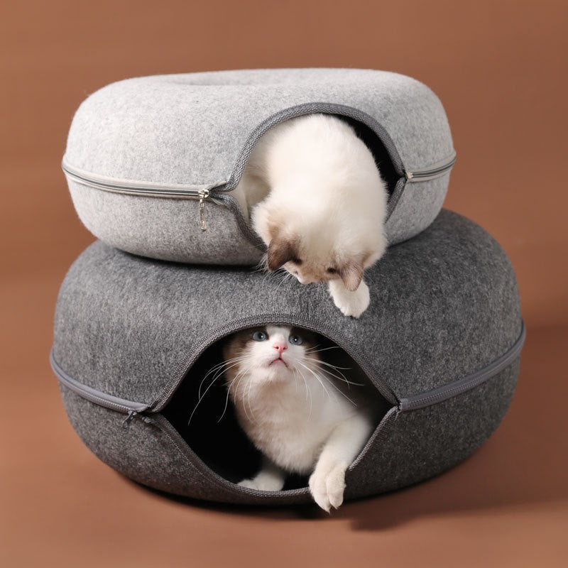 Lit Tunnel pour Chat en Feutre Forme Donut avec Fermeture Éclair Couchage et Cachette Empilable Lavable