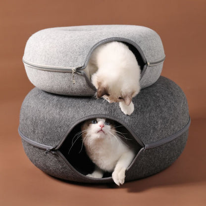 Lit Tunnel pour Chat en Feutre Forme Donut avec Fermeture Éclair Couchage et Cachette Empilable Lavable