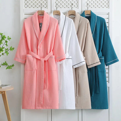 Peignoir de Bain en Coton Gaufré à Manches Longues avec Col Châle et Ceinture à Nouer