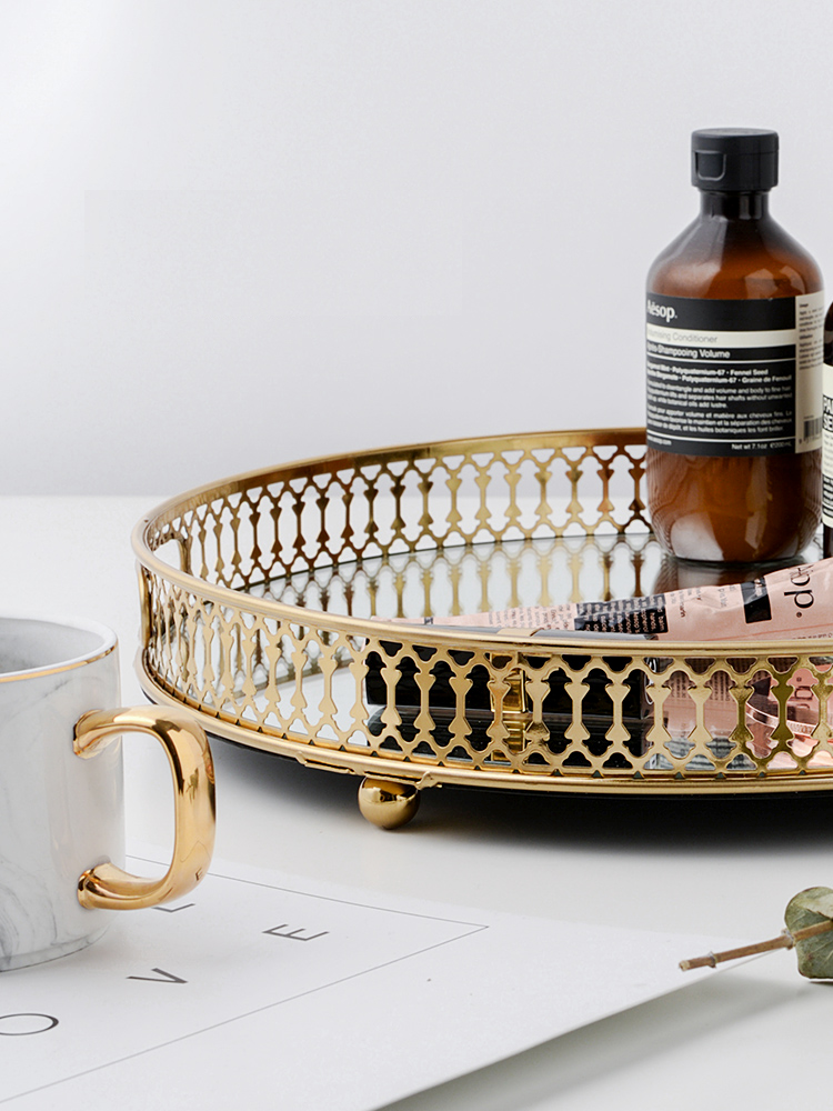 Plateau Décoratif Rond à Base Miroir avec Contour Doré Ajouré pour Vanity Coiffeuse et Service Apéro