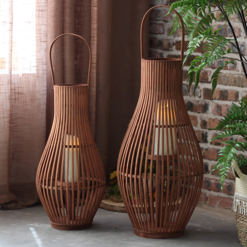 Lanterne Décorative de Sol en Bambou Tressé Forme Pyriforme avec Anse pour Bougie Style Bohème Intérieur et Extérieur