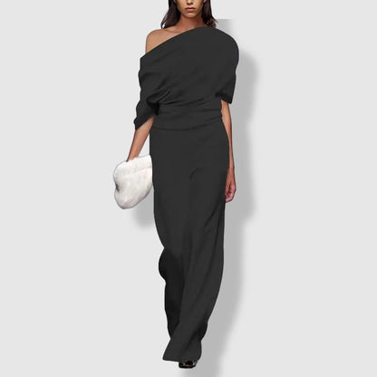 Combinaison Femme Décolletée - Corsage Drapé - Taille Cintrée - Pantalon Évasé Élégant - Aurelles