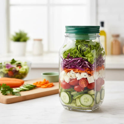 Bocal Shaker à Salade en Verre avec Compartiment à Sauce Étanche pour Déjeuner Nomade Meal Prep et Bureau