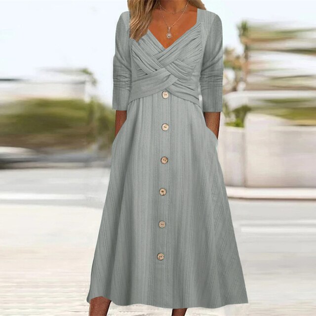Robe A-Line Élégante à Col V et Manches 3/4 - Aurelles