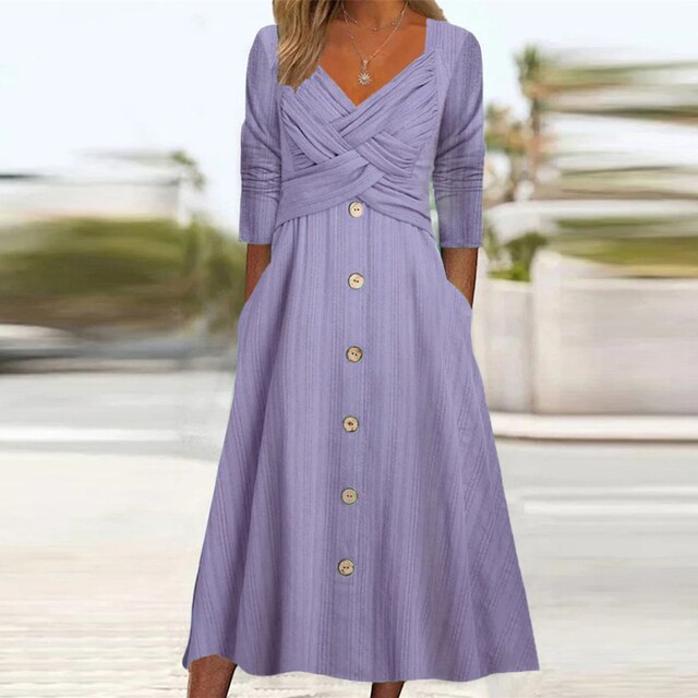 Robe A-Line Élégante à Col V et Manches 3/4 - Aurelles