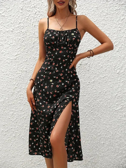 Robe à Bretelles Fines Floral Évasée pour Élégance Estivale