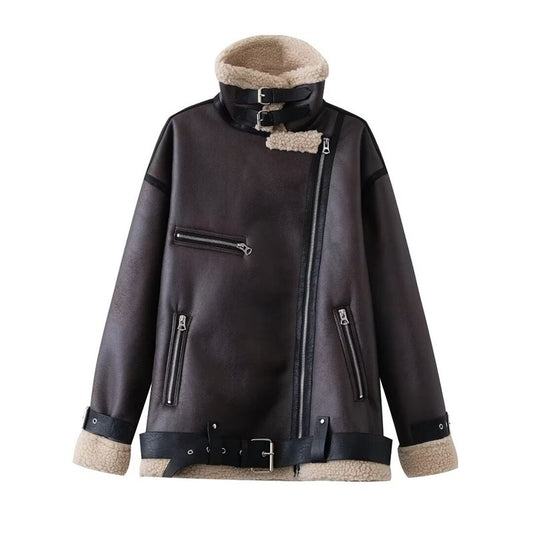 Manteau Femme Doublé Polaire en Simili Cuir & Laine d'Agneau - Aurelles