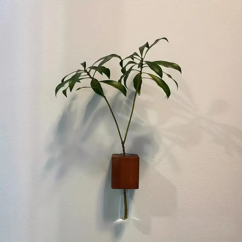 Mini Vase Mural Aimanté en Bois Massif avec Tube en Verre pour Réfrigérateur Tableau Magnétique et Propagation de Boutures