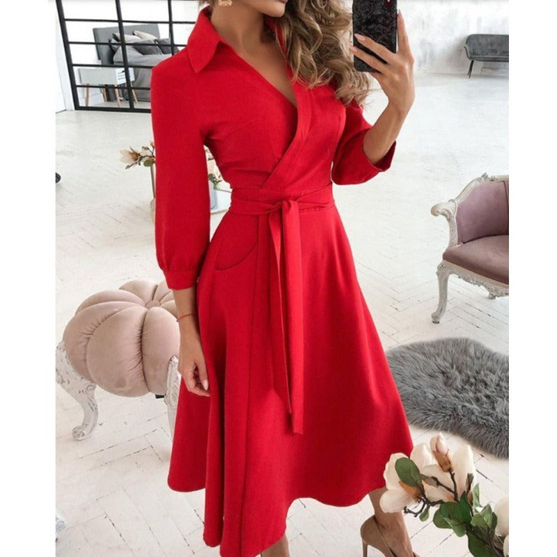 Robe Portefeuille Femme - Décolleté en V - Taille Cintrée avec Ceinture - Midi à Manches Trois Quarts