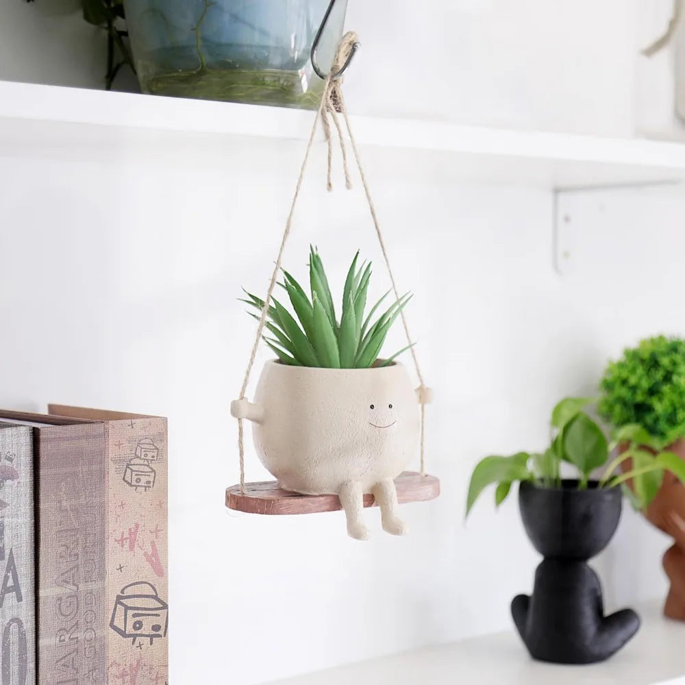 Pot de Fleurs Suspendu en Résine à Visage Souriant sur Balançoire pour Plantes Succulentes et Cactus