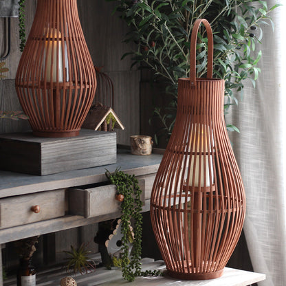 Lanterne Décorative de Sol en Bambou Tressé Forme Pyriforme avec Anse pour Bougie Style Bohème Intérieur et Extérieur