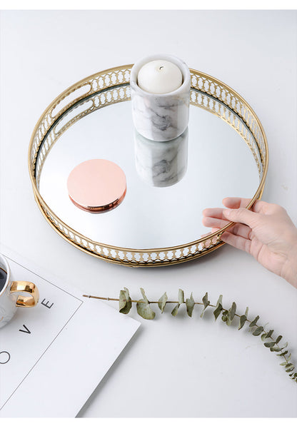 Plateau Décoratif Rond à Base Miroir avec Contour Doré Ajouré pour Vanity Coiffeuse et Service Apéro