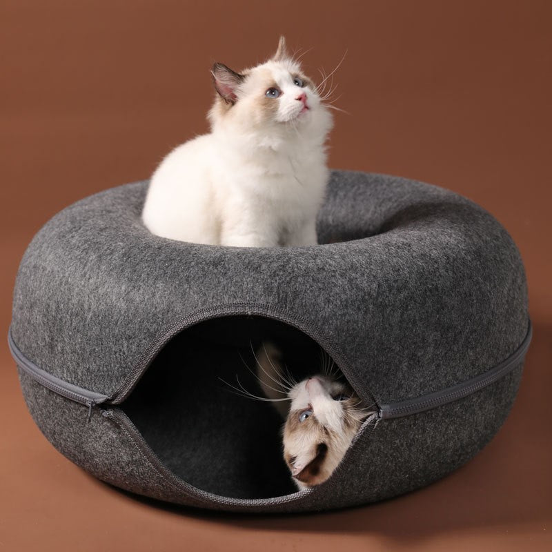 Lit Tunnel pour Chat en Feutre Forme Donut avec Fermeture Éclair Couchage et Cachette Empilable Lavable