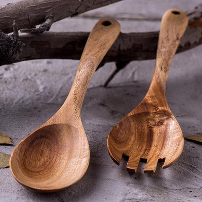 Acacia Wood Salad Server Set with Leather Tie, Fork and Spoon