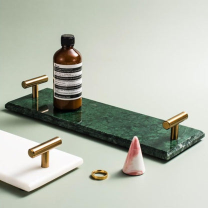 Plateau de Service en Marbre Massif avec Poignées Métalliques Dorées pour Salle de Bain Bureau et Décoration de Table