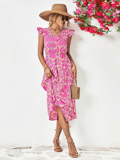 Robe à Imprimé Floral pour Femme - Décolleté en V - Manches Courtes Volantes - Ourlet Asymétrique en A