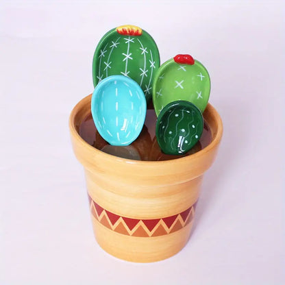 Set d'Ustensiles de Mesure en Céramique Forme Cactus avec Pot de Rangement Peint à la Main pour Cuisine et Pâtisserie
