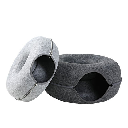 Lit Tunnel pour Chat en Feutre Forme Donut avec Fermeture Éclair Couchage et Cachette Empilable Lavable