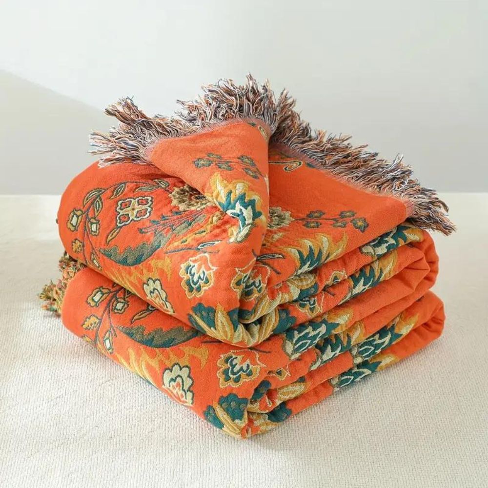 Terra – Plaid Réversible en Coton Motif Oiseaux Scandinaves