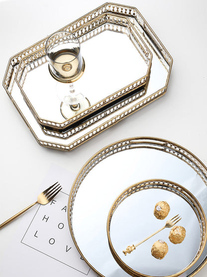 Plateau Décoratif Rond à Base Miroir avec Contour Doré Ajouré pour Vanity Coiffeuse et Service Apéro
