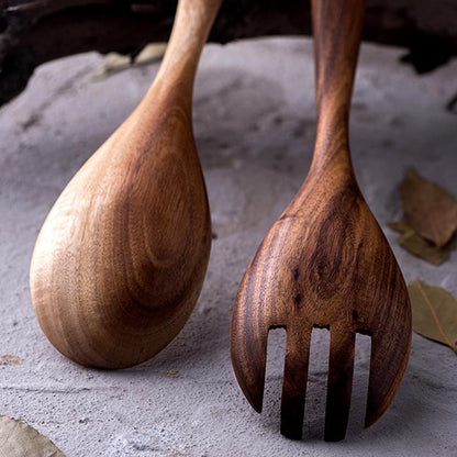 Acacia Wood Salad Server Set with Leather Tie, Fork and Spoon