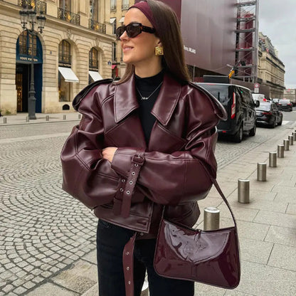 Veste Courte en Similicuir à Large Revers - Aurelles