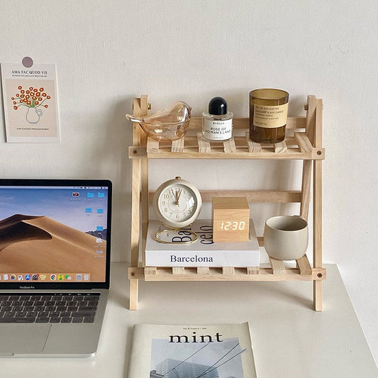Étagère de Bureau à Deux Niveaux en Bois, Petit Rangement à Poser pour Bureau, Plan de Travail et Salle de Bain