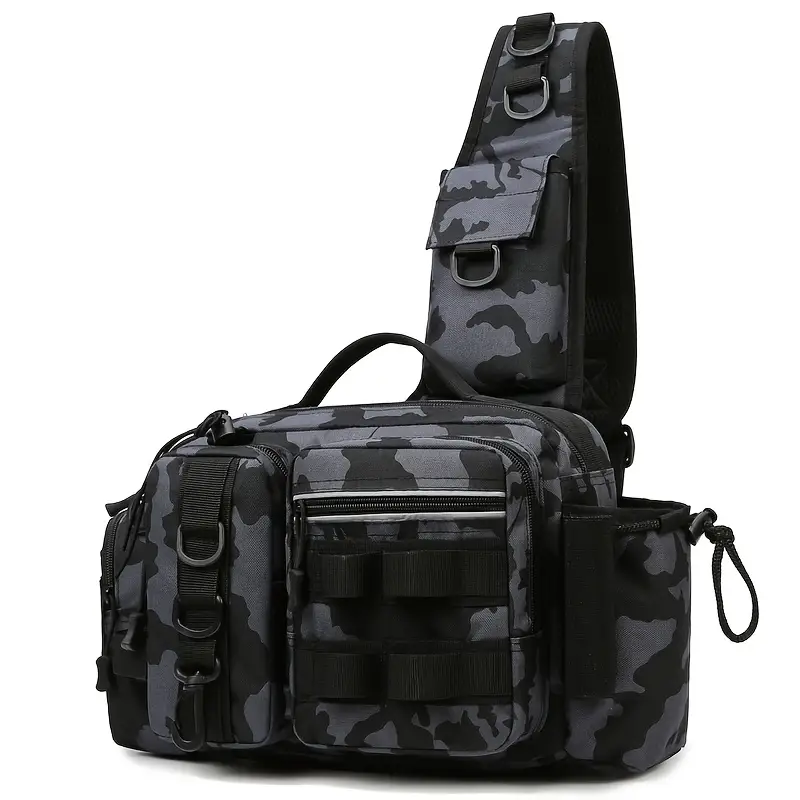 Sac à Bandoulière Tactique de Pêche avec Porte-Canne Intégré et Compartiments Multiples Imprimé Camouflage