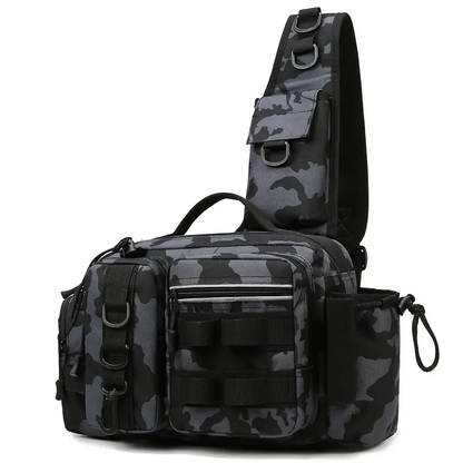Sac à Bandoulière Tactique de Pêche avec Porte-Canne Intégré et Compartiments Multiples Imprimé Camouflage