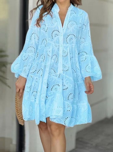 Women's A-Line Dress - Eyelet Embroidery - V-Neck - Balloon Sleeves - Knee Length