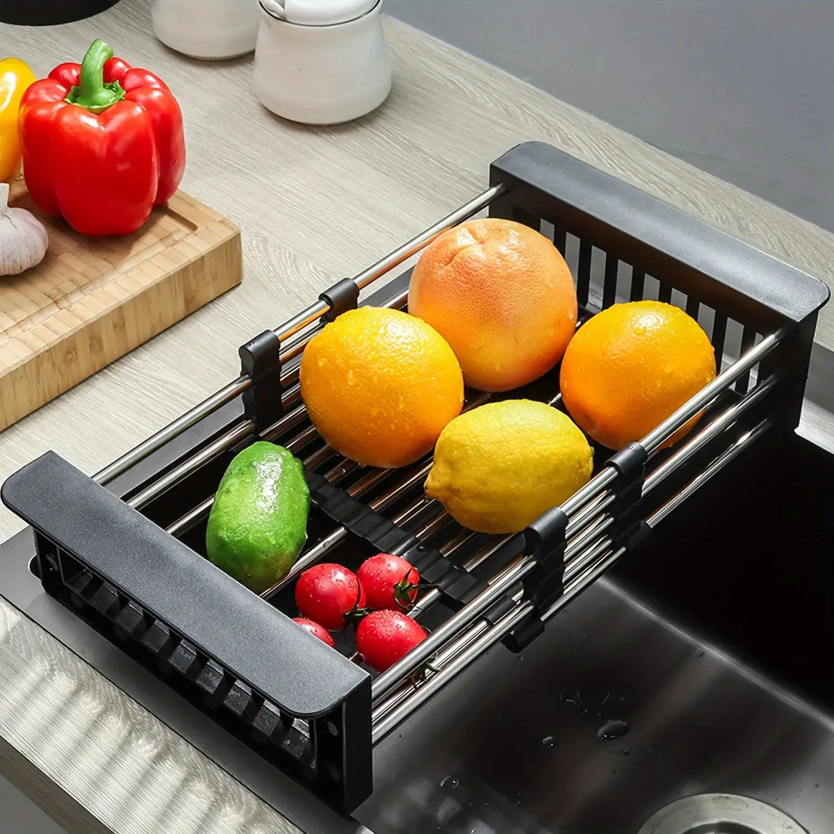 Panier Égouttoir Extensible pour Évier en Acier Inoxydable avec Panneaux Latéraux Réglables