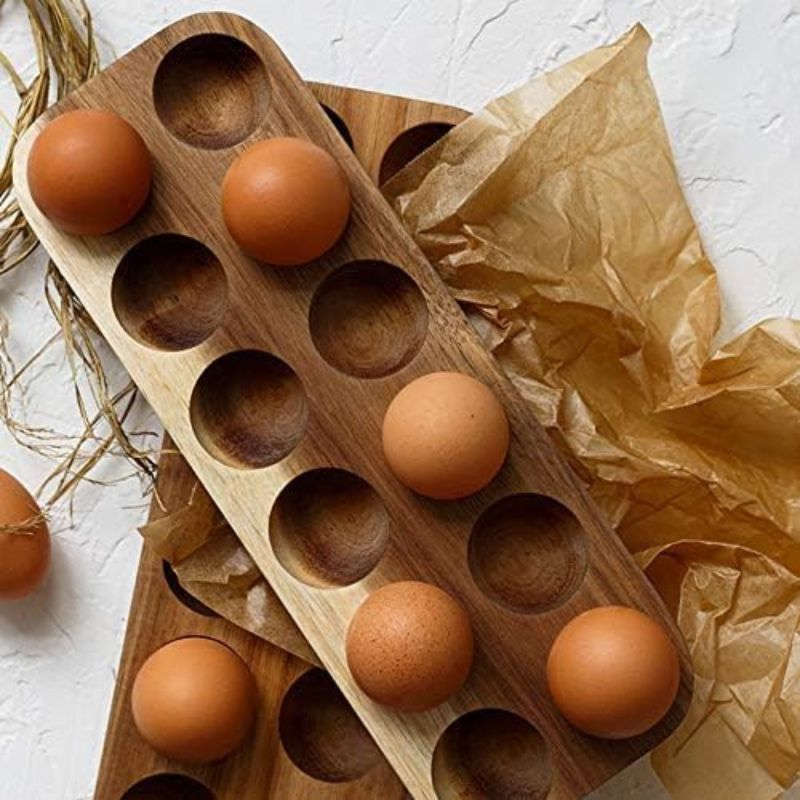 Plateau Range-Œufs en Bois d'Acacia Artisanal avec Alvéoles Creusées pour Cuisine Réfrigérateur et Garde-Manger
