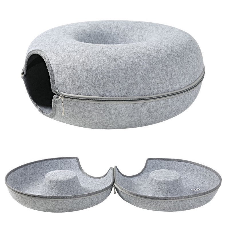 Lit Tunnel pour Chat en Feutre Forme Donut avec Fermeture Éclair Couchage et Cachette Empilable Lavable