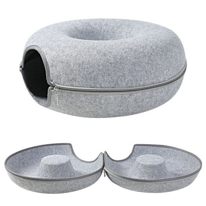 Lit Tunnel pour Chat en Feutre Forme Donut avec Fermeture Éclair Couchage et Cachette Empilable Lavable