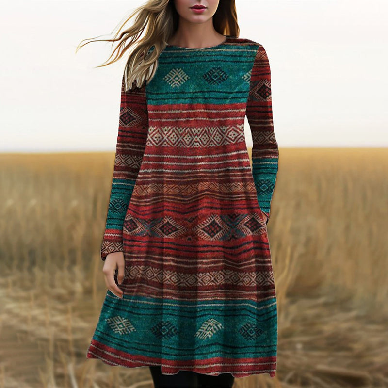 Robe A-Line Femme - Imprimé Géométrique Bohème - Vêtements Décontractés à Manches Longues - Aurelles