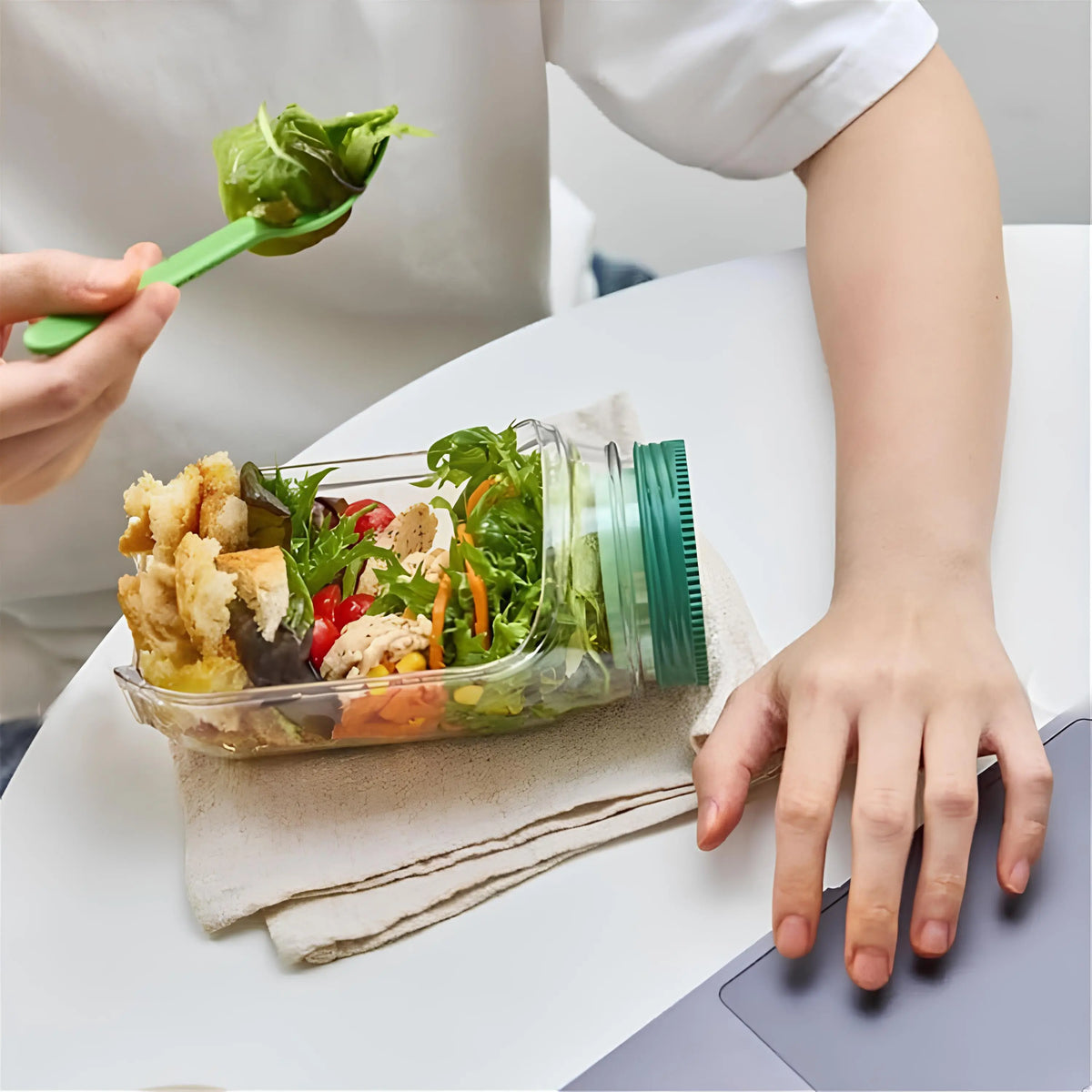 Bocal Shaker à Salade en Verre avec Compartiment à Sauce Étanche pour Déjeuner Nomade Meal Prep et Bureau