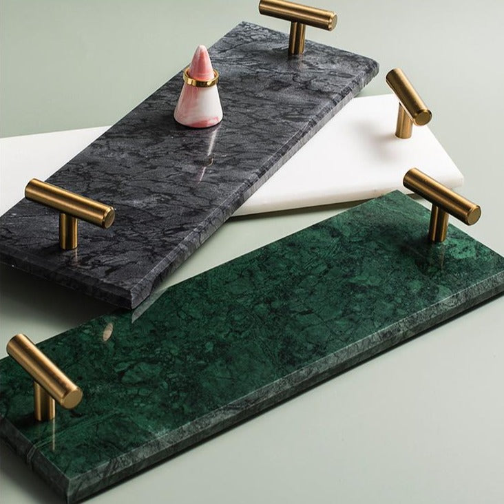 Plateau de Service en Marbre Massif avec Poignées Métalliques Dorées pour Salle de Bain Bureau et Décoration de Table